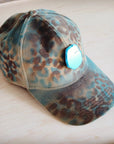 Hand-Painted Leopard Suede Baseball Cap Tan & Turq 986p