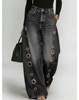 Women's Metal Eyelet High Waist Loose Wide-Leg Jeans – Light Blue, Black, Dark Blue