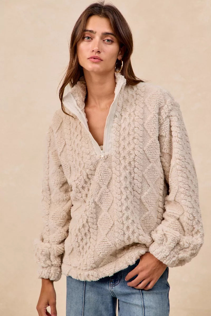 BiBi Patterned Soft Fleece Half Zip Up Top