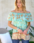 Davi & Dani Printed Off Shoulder Smocked Top