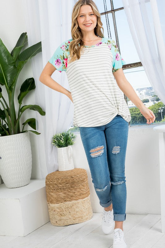 e Luna PLUS Floral Striped Mixed Top