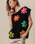 BiBi Flower Round Neck Cap Sleeve Knit Top