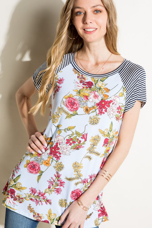 e Luna Pin Striped Floral Mix Top