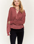 Jade By Jane Deep V-neck Collared Long sleeve Knit Top