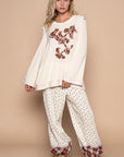 POL Embroidered Round Neck Long Sleeve Knit Top