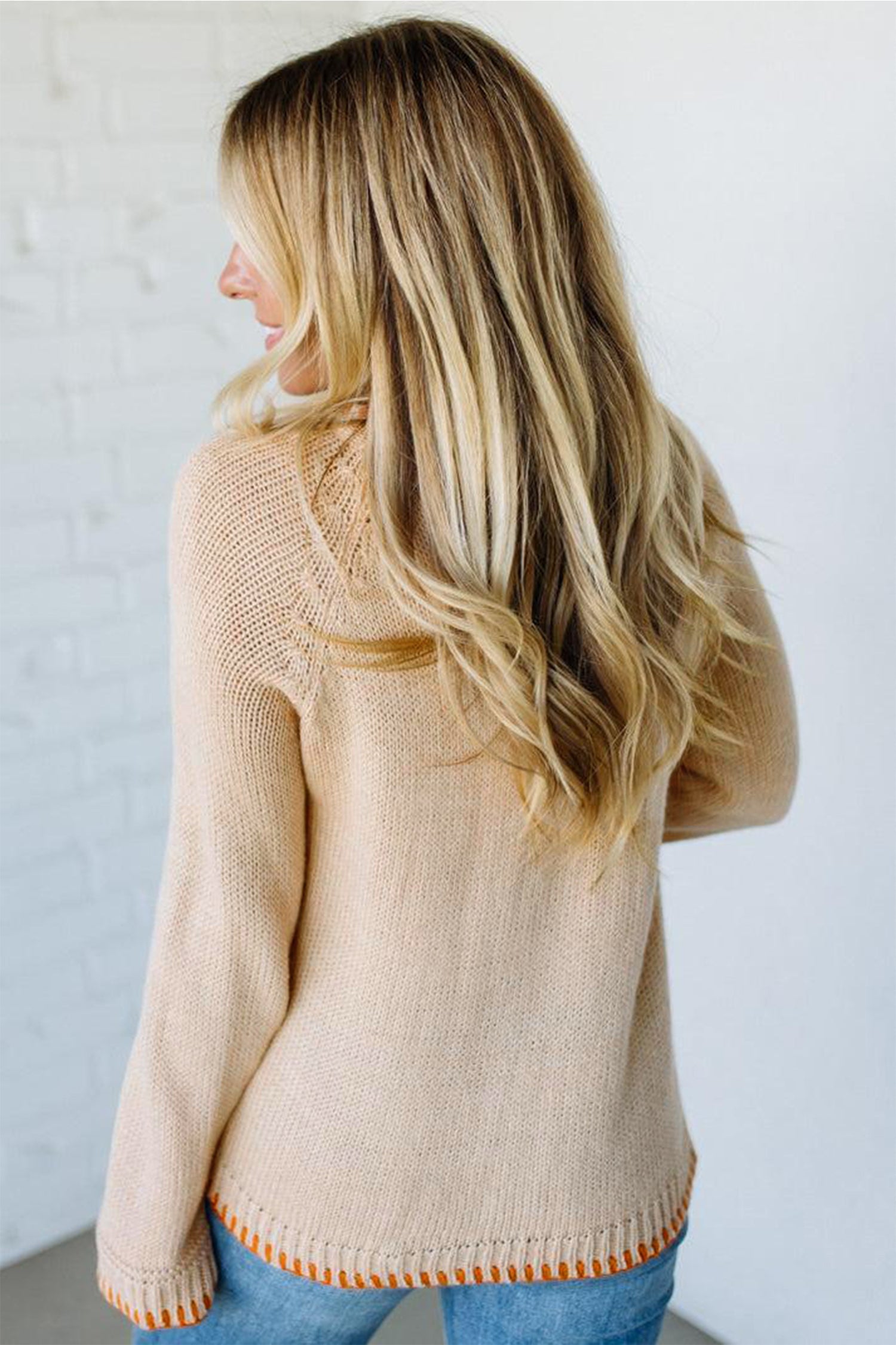 Pumpkin Floral Embroidered Round Neck Sweater