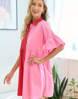 First Love Full Size Color Blocked Button Down Babydoll Dress