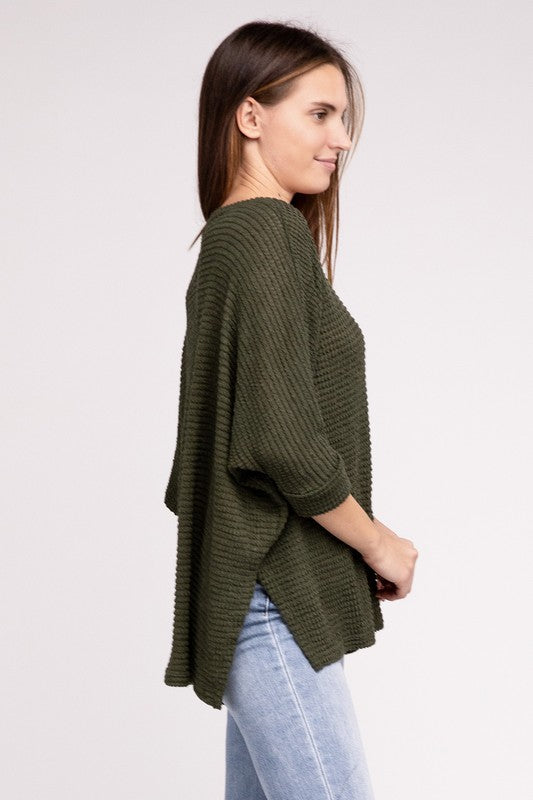 Zenana 3/4 Sleeve V-Neck Hi-Low Hem Jacquard Sweater