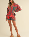 Annie Wear Contrast Plaid Long Sleeve Top and Shorts Set