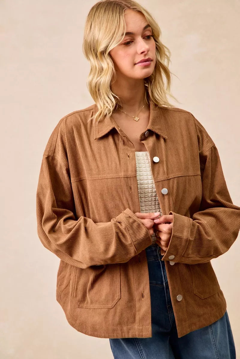 BiBi Corduroy Relaxed Fit Shacket with Back Pleat