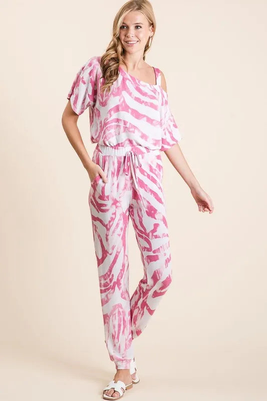 BiBi Zebra Print French Terry Top and Pants Set in Fuschia