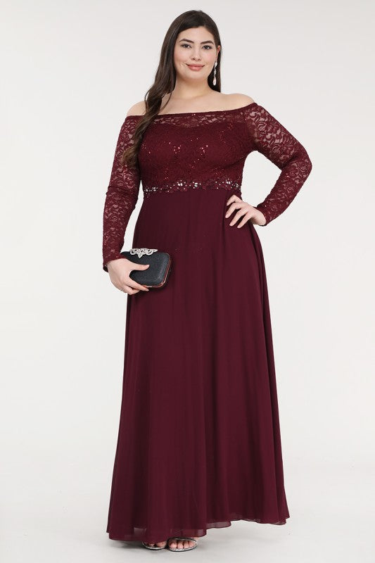 La Scala Plus Size Long Sleeve Lace and Chiffon Gown