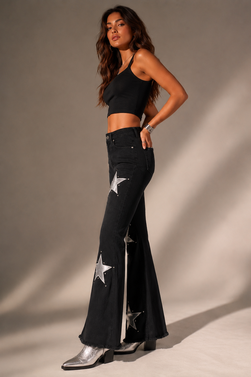 GJG Denim Shooting Star Bell Bottom Jeans — Black & Silver