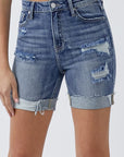 RISEN Full Size Distressed Rolled Denim Shorts with Pockets