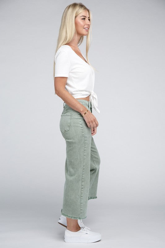 Zenana Acid Washed High Waist Frayed Hem Straight Pants