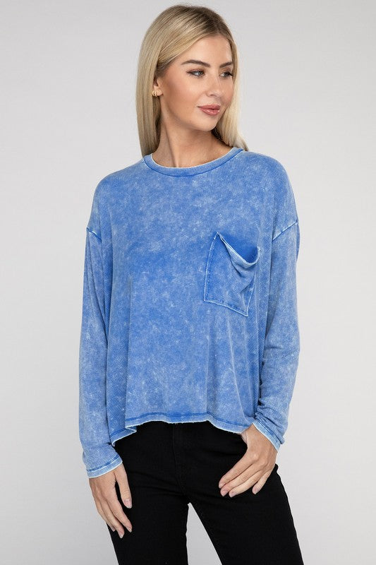 ZENANA, Dolman Sleeve Round Neck Top With Front Pocket