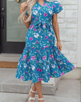 Floral Flutter Sleeve Tie Neck Belted Midi Dress
