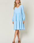 Double Take Full Size V-Neck Balloon Sleeve Tiered Dress with Pockets