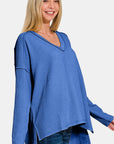 Zenana Texture Exposed Seam V-Neck Long Sleeve T-Shirt