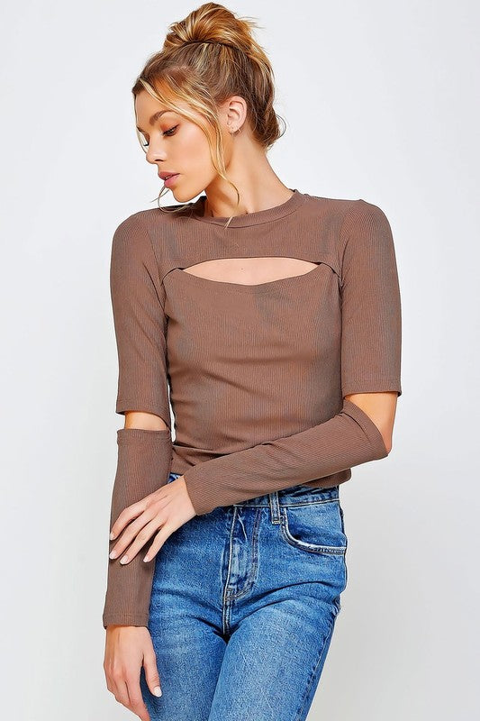 Ribbed Fitted Long Sleeve Top with Chest Cutout