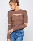 Ribbed Fitted Long Sleeve Top with Chest Cutout