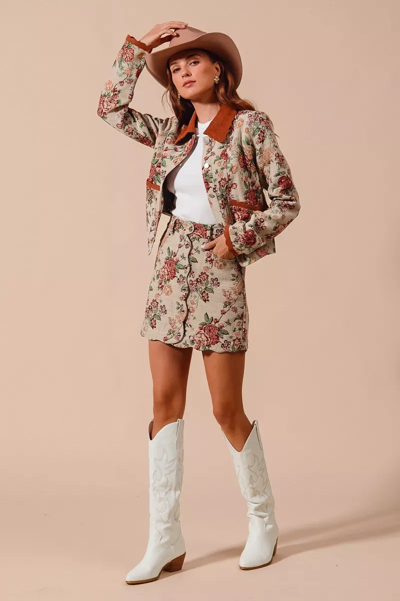 SO ME Floral Jacquard Button Front Mini Skirt with Scall