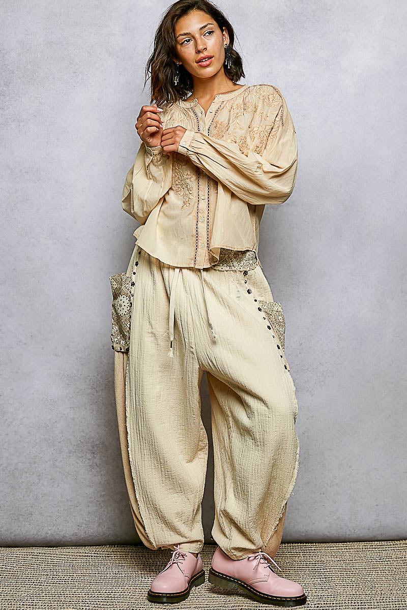 POL Embroidery Button Down Long Sleeve Washed Shirt