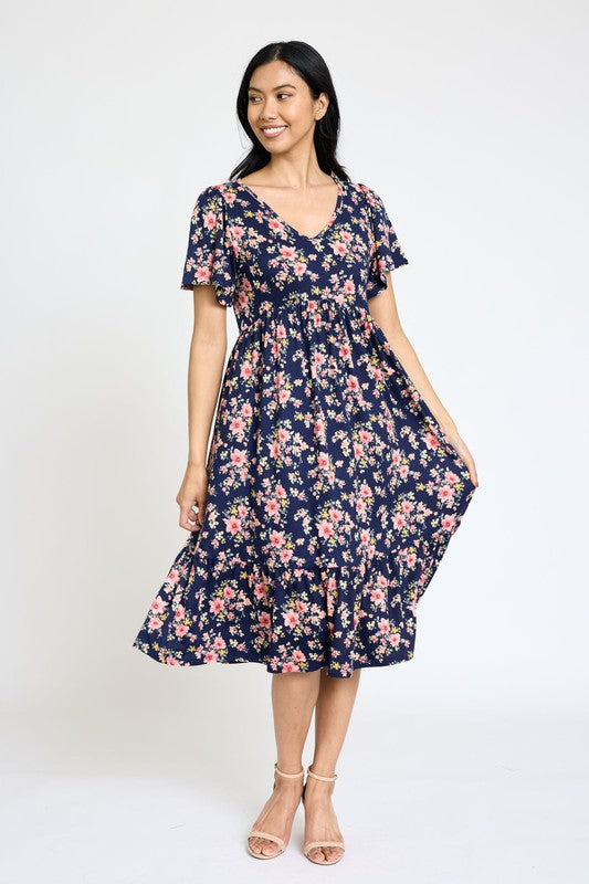 Floral Angel Sleeve Midi Dress