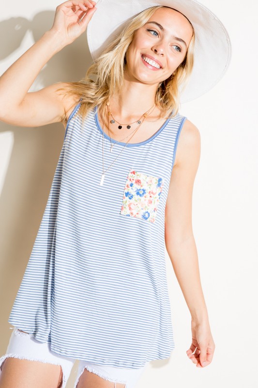 e Luna Plus Stripe Floral Pocket Tank Top