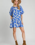 Umgee Two Tone Abstract Print Puff Sleeve Dress