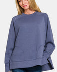 Zenana Scuba Round Neck Side Slit Sweatshirt