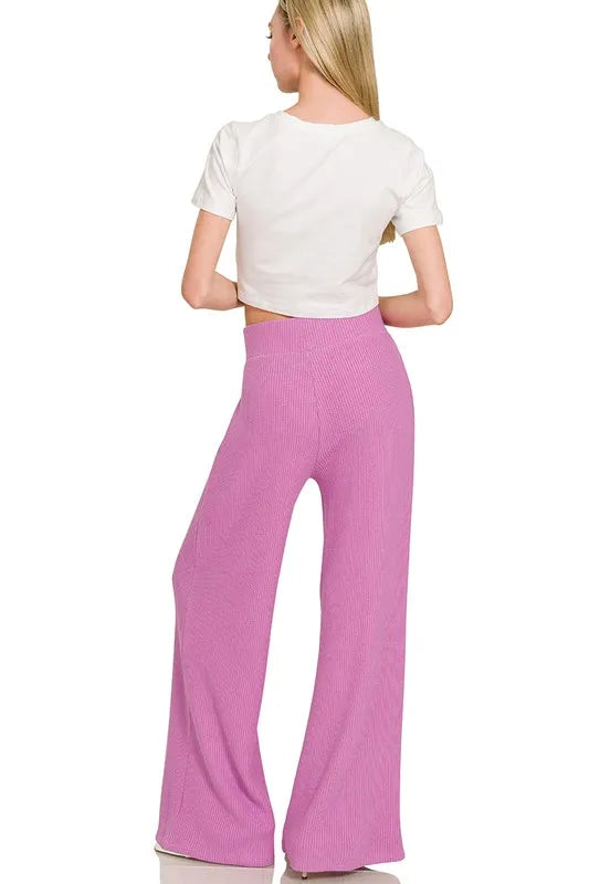 Zenana Rolled Sleeve Top and Pants Sweater Set in Mauve