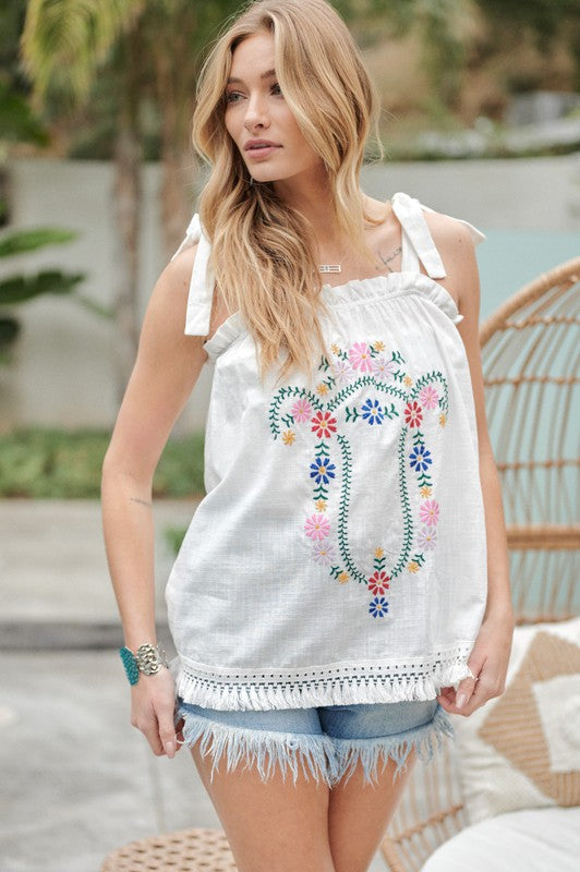 Davi &amp; Dani Embroidered Sleeveless Ruffle Tank Top