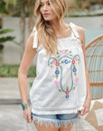 Davi & Dani Embroidered Sleeveless Ruffle Tank Top