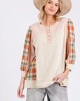 SAGE + FIG Exposed Seam Button Detail Plaid Top