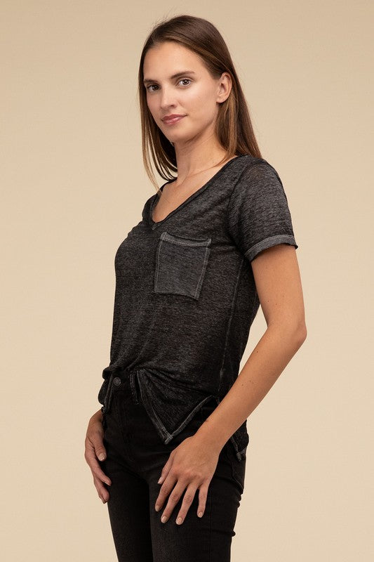 ZENANA Washed Melange Burnout Scoop V-Neck Top