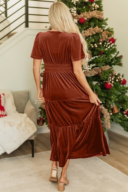 Velvet Shirred Waist Tiered Maxi Dress
