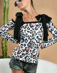 BiBi Leopard Shoulder Tie Long Sleeve Top