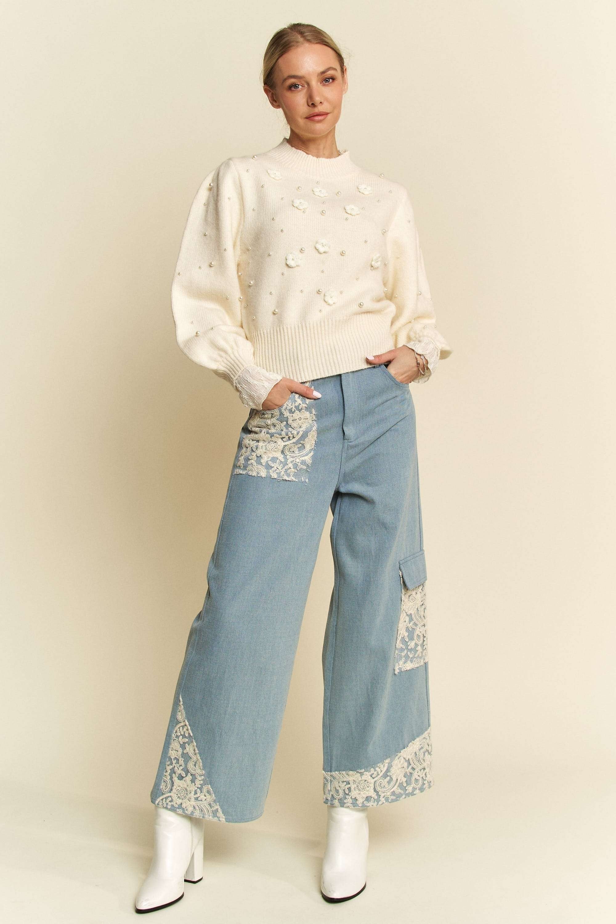 Davi &amp; Dani Lace Applique Wide Leg Jeans