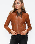 Snobbish Faux Leather Zip Up Drawstring Hooded Jacket