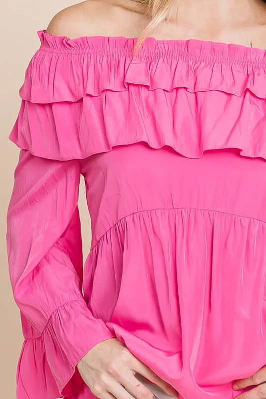 Lime 'N' Chili Ruffled Trumpet Sleeve Off-The-Shoulder Top in Fuschia