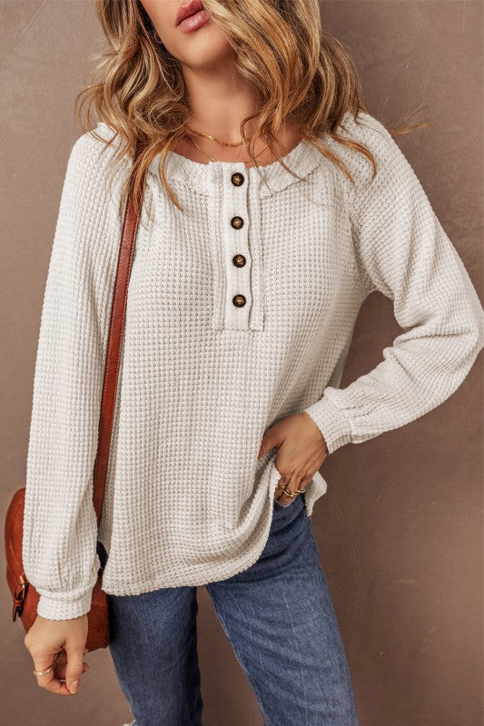 Waffle Knit Buttoned Front Raglan Sleeve Blouse