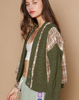 POL Cable-Knit Plaid V-Neck Button Up Cardigan