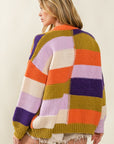 BiBi Checkered Color Block Sweater Cardigan