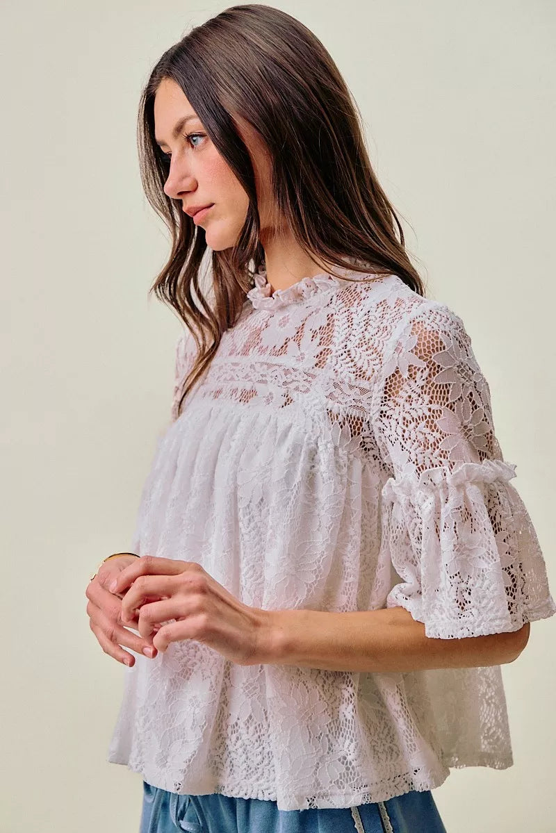 SO ME Lace Ruffled Short Sleeves Swing Top