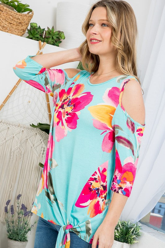 e Luna Allover Floral Cold Shoulder Top