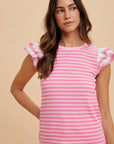 Annie Wear Ruffled Striped Round Neck Cap Sleeve Knit Top