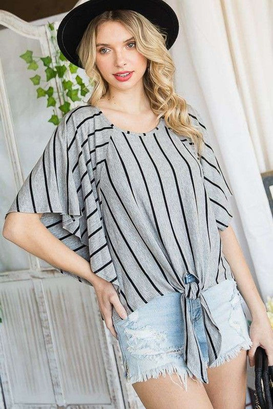 Jade By Jane PLUS Striped Print Tie Hem Sleeve Top