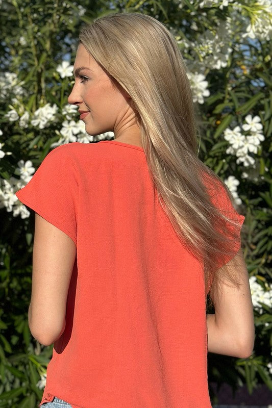 V-Neck Button Blouse in Coral - Online Only