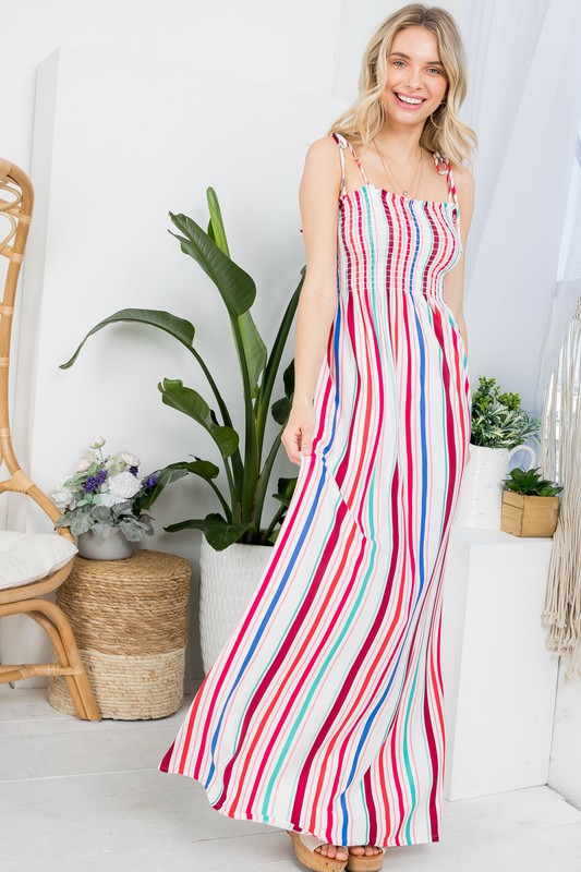 e Luna Striped Smocked Maxi Dress